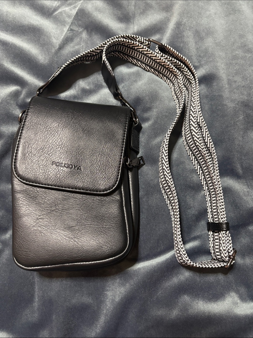 Black Leather Crossbody Bag with Woven Strap